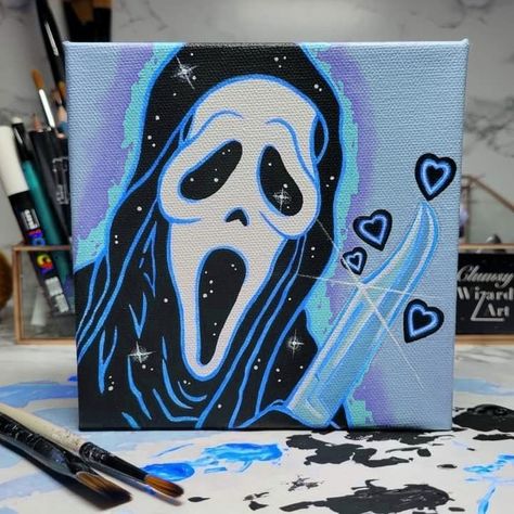 Canvas Drawings Halloween, Ghost Face Acrylic Painting, Halloween Themed Drawings Easy, Horror Movie Acrylic Painting, Ghost Painting Ideas Easy Simple, Pop Art Drawings Ideas Inspiration, Cute Halloween Art Ideas, Ghostface Painting Canvas, Halloween Paintings On Canvas Ideas