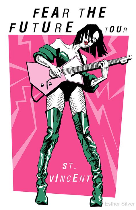 St Vincent Poster, Character Poster Art, 80s Illustration Graphics, Band Poster Illustration, Gig Poster Illustration, Music Poster Illustration, Music Illustration Poster, Rock Music Illustration, Music Band Illustration