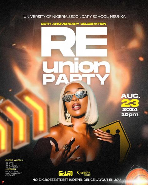 Reunion Party Flyer Design #partyflyer Party Flyer Design, Reunion Party, Party Flyer, Secondary School, Anniversary Celebration, 25th Anniversary, Flyer Design, Dj, Celebrities