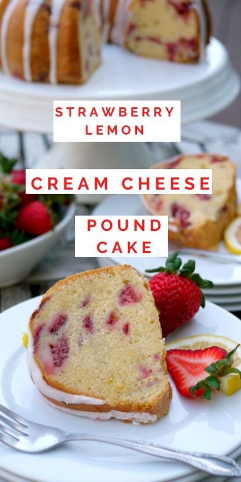 This from scratch Strawberry Lemon Cream Cheese Pound Cake is a deliciously rich cake that is not overly sweet. I’ve incorporated cream cheese, which is unusual for pound cake. The cream cheese gives the cake a springy crumb texture, richness and tenderness, while keeping the cake moist for several days. It is the perfect choice for strawberry season and beyond. Lemon Cream Cheese Pound Cake, Pig Recipes, Strawberry Lemon Cake, Cream Cheese Bundt Cake, Cream Cheese Pound Cake Recipe, Cheese Pound Cake, Lemon Pound Cake Recipe, Lemon Cream Cheese, Rich Cake