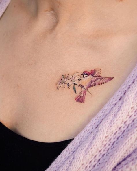 Bird Tattoo On Chest, Small Sparrow Tattoos, Bird And Flower Tattoo, Tattoo On Chest, Lillies Tattoo, Lily Flower Tattoos, Infinity Tattoo Designs, Mystical Tattoos, Tulip Tattoo