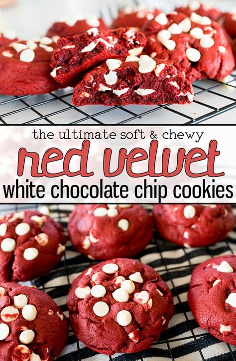 Red Velvet Cookies with White Chocolate Chips are thick and chewy with the classic Red Velvet color and taste. This No Chill recipe is perfect for any occasion! |Cooking with Karli| Thick Cookie Recipes, Red Velvet Color, Cookies With White Chocolate Chips, Red Velvet Cookie Recipe, Cookies With White Chocolate, Cooking With Karli, Easy Crepe Recipe, Velvet Cookies, Red Velvet Cookies