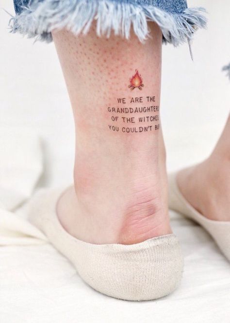 Perfect feminist tattoo with fire on lower leg. Pic by studiobysol #feminism #feminist #feministtattoo #tattoos #tattoodesign #girlpower Inspiring Quote Tattoos, Feminist Tattoo, Girl Power Tattoo, Power Tattoo, Shape Tattoo, Witch Tattoo, Muster Tattoos, Disney Tattoo, Tattoo Girls