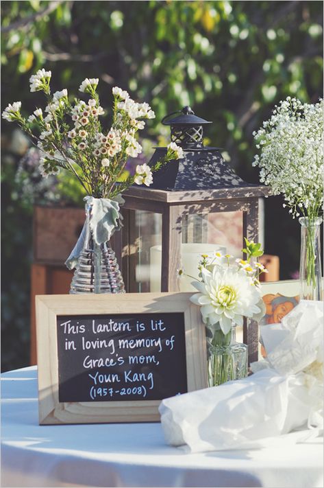 in loving memory table. I love this idea for those friends and family members who will always be in our hearts :) In Loving Memory Table, Memory Lantern, Memory Table, Rustic Wedding Diy, Wedding Lanterns, Wedding Memorial, Memorial Service, Rustic Diy, In Loving Memory