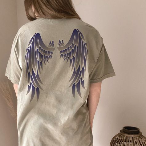 Angel T-Shirt, wings Shirt - https://etsy.me/3U9wSXT Angel Wings Tee, Comfort Colors Dyed Shirt Angel Wings Shirt, Trendy Shirt, Wings Gift Trendy Love Shirt #winggift #angeltshirt #wingsshirt #angelw Wings On Back Of Shirt, Angel Tshirt, Angel Wings Hoodie, Back Angel, Airbrush Shirts, Angel T Shirt, Basic Hand Embroidery Stitches, Angel Shirt, Tie Dye Crafts