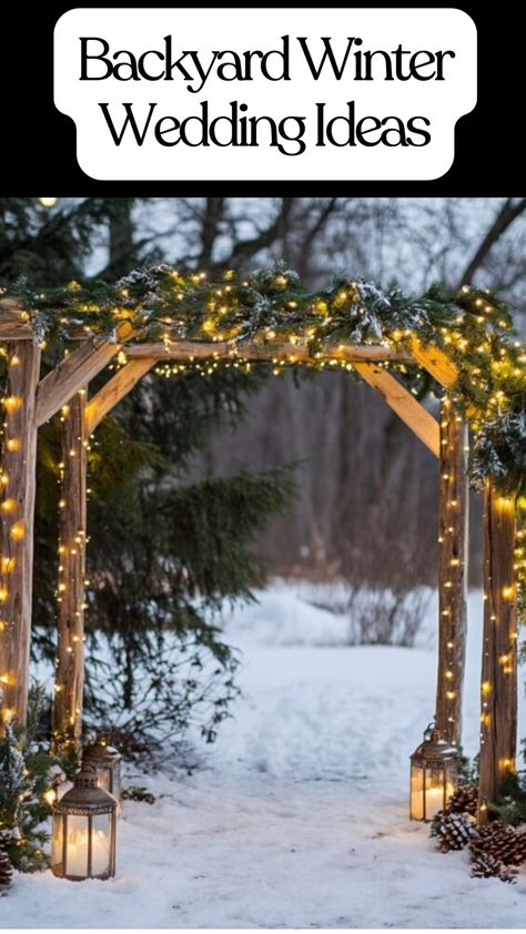 Rustic backyard winter wedding setup with a snowy altar, fairy lights, and lanterns. Christmas Tree Lighting Ceremony Ideas, Winter Wedding Entertainment, Winter Wedding Small Simple, Outdoor Winter Elopement, Outdoor Forest Wedding Ideas, Outdoor Elopement Decor, Winter Outdoor Party Backyards, Winter Wedding Arch Ideas, Small Winter Wedding Ideas