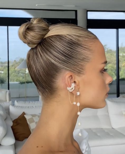 Chic Updos For Long Hair, High Elegant Bun, Sleek High Bun Bridal Hair, Mid Slick Back Bun, High Bun Elegant, Bridal Hair High Ponytail, Wedding Bun High, Up Do Medium Length Hair, Sleek High Bun Wedding Hair