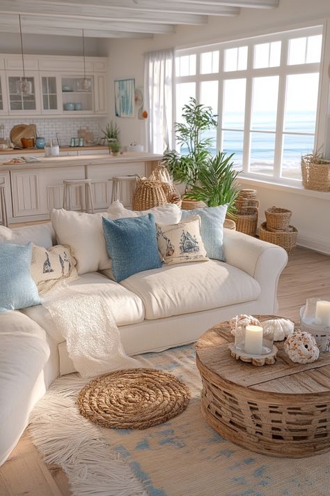 Explore Coastal Cottage Inspirations for your dream home! Embrace airy designs and seaside vibes. #CoastalLiving #HomeDesign Coastal Small Apartment, Colorful Beach House Living Room, Beach Coastal House, Italian Coastal Home, Aesthetic Beach House Interior, Beach Aesthetic Living Rooms, Tiny Coastal Cottage, Costal House Ideas, Costal House Aesthic