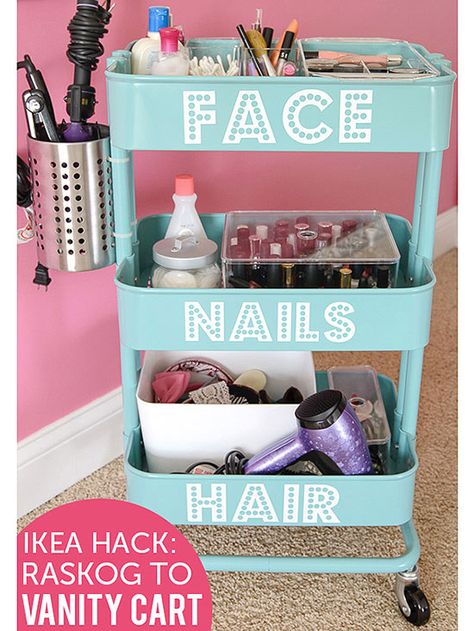 For an on-the-go option, consider incorporating something with wheels into your vanity. Vanity Cart, Raskog Ikea, Ikea Raskog, Face Nails, Hiasan Bilik Tidur, Apartment Stuff, Bedroom Idea, Makeup And Hair, Room Accessories