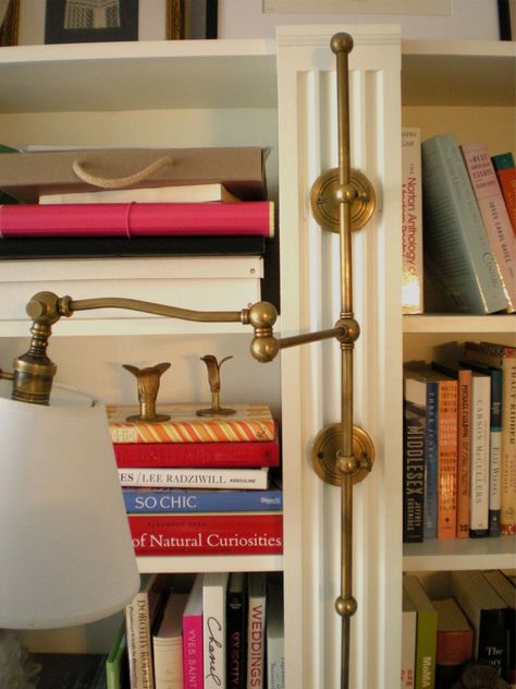 bookcase-mounted sconces are from Visual Comfort.  http://www.circalighting.com/details.aspx?pid=457  --  ali mode: Project: Faux Built-In Bookcase Billy Hack, Billy Ikea, Bookshelf Lighting, Bunny Williams, Library Wall, Billy Bookcase, Bookcase Wall, Built In Bookcase, Wall Molding