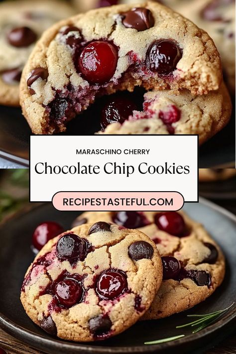 Maraschino Cherry Chocolate Chip Cookies are a delightful twist on a classic favorite! Sweet maraschino cherries and rich chocolate chips come together in these chewy, colorful cookies for a treat everyone will love. #CherryChocolateChipCookies #HolidayBaking #SweetTreats Cherry Chocolate Chip Cookies, Colorful Cookies, Maraschino Cherries, Cherry Cookies, Cherry Chocolate, Bakery Recipes, Maraschino Cherry, Chocolate Cherry, Chocolate Chip Cookie