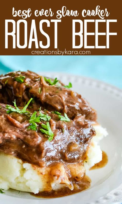 Best Slow Cooker Roast Beef recipe - 10 minutes of prep time, and unbeatable flavor. This roast beef makes its own gravy. The meat is so tender it just falls apart! #crockpotroastbeef #slowcookerroastbeef #crockpotroastwithgravy #crockpotbeef #creationsbykara #slowcookerrecipe #bestcrockpotroast Beef Shoulder Roast Recipes, Best Slow Cooker Roast, Crock Pot Roast Beef, Roast Beef Crock Pot Recipes, Pot Roast Beef, Crock Pot Roast, Beef Roast Crock Pot, Roast Beef Recipe, Crockpot Roast Recipes