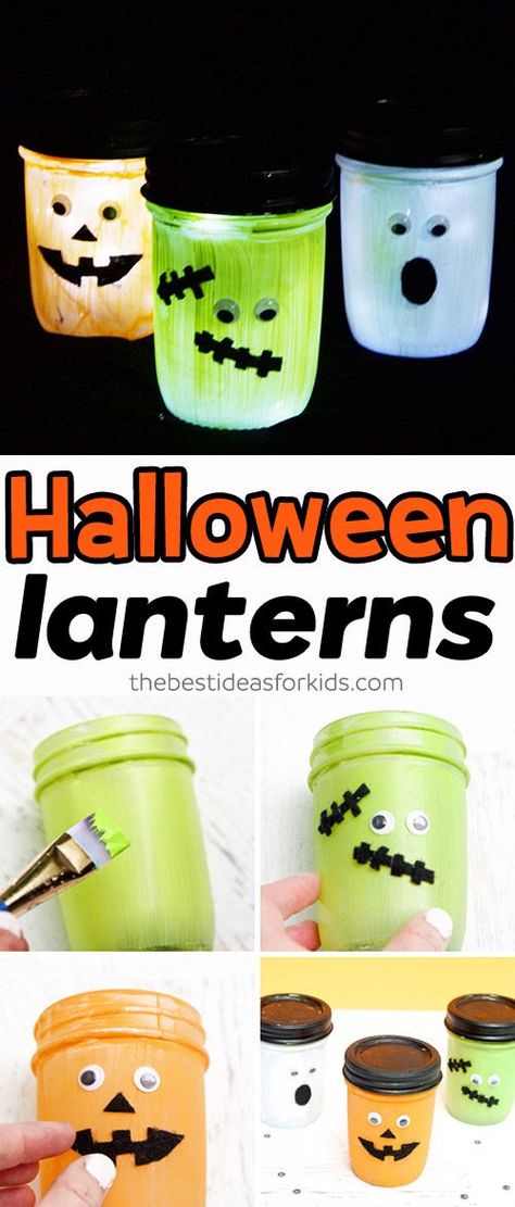 Halloween Luminaries, Halloween Mason Jars, Mason Jar Lanterns, Fun Halloween Crafts, Halloween Arts And Crafts, Halloween Lanterns, Jar Lanterns, Easy Halloween Crafts, Wine Bottle Diy Crafts