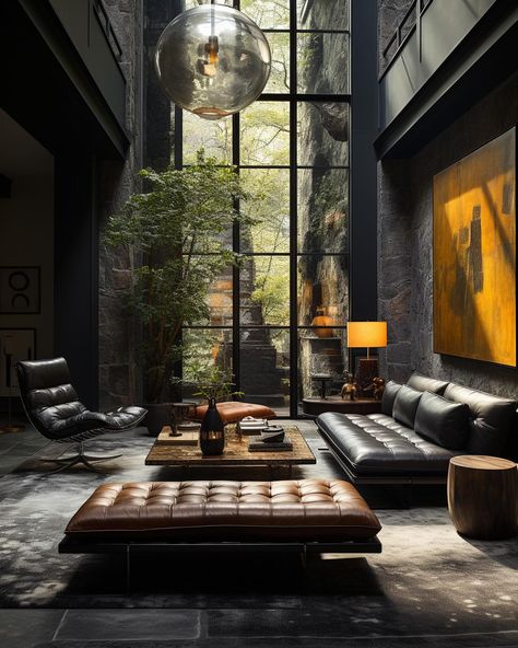 Bachelor pad man cave in a forest near Calabasas✨🖤 Loving the dark aesthetics on this one! Want your space designed? Let us help! More info on our website, link in bio! #interiordesign #interior Dark Deco, Dark Aesthetics, Loft Industrial, Dark Men, Cave In, 3d Interior, Bachelor Pad, Industrial Loft, Dream Room Inspiration