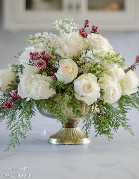 An Easy DIY White Rose and Pine Winter Centerpiece - Sanctuary Home Decor White Gold Floral Arrangements, Beautiful Flower Centerpieces, Half Sphere Floral Centerpiece, Christmas Centerpieces For Table Flowers, Valentines Banquet Centerpieces, Christmas Flower Centerpieces For Table, Christmas Party Floral Centerpieces, Pointsetta Arrangements, Winter Floral Arrangements Wedding