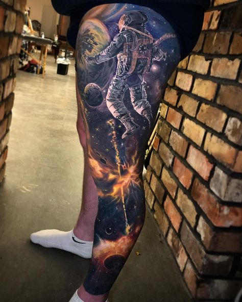 Space tattoo by Ben Kaye @dbkaye Leg Sleeve Tattoo Men, Sleeve Tattoo Men, Leg Tattoos For Men, Galaxy Tattoo Sleeve, Space Tattoo Sleeve, Upper Leg Tattoos, Best Leg Tattoos, Dragon Wolf, Shin Tattoo