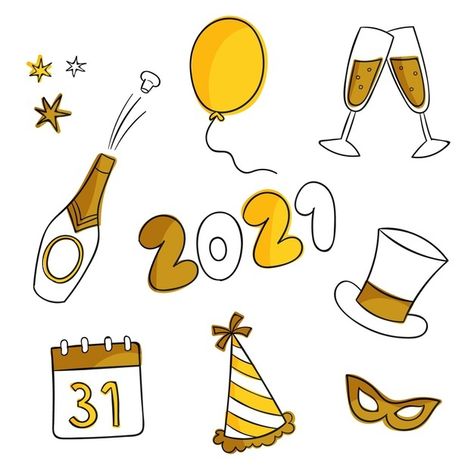 Éléments De Fête Du Nouvel An Doré Et Ch... | Free Vector #Freepik #freevector #nouvel-an #partie #main #dessines-main New Year Cartoon Art, New Year’s Eve Drawing, New Years Eve Drawing Ideas, New Years Eve Drawing, New Years Cartoon, New Years Illustration, New Year Drawing Ideas, New Years Drawing Ideas, New Year Elements