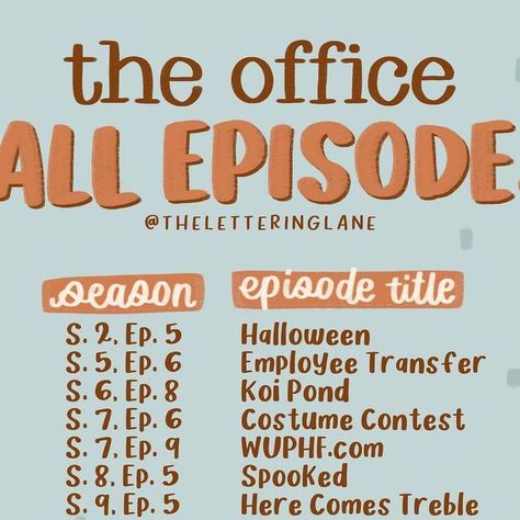 Phil | Lettering + Enneagram on Instagram: "THE OFFICE FALL EPISODES! 🍂 You all begged for this on, so I had to do it! Did you know there’s no dedicated Thanksgiving episode? The closest we got to one was WUPHF.com. 😂 So, most are Halloween, but that’s okay!⁣ ⁣ Who is your favorite @theoffice character?" The Office Thanksgiving Episode, The Office Halloween Episode, Best Office Episodes, The Office Halloween Episodes, Fall Episodes, The Office Halloween, Thanksgiving Episodes, Halloween Episodes, Office Halloween