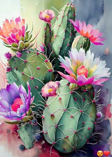 Cactus Flower Painting, Cactus In Bloom, Desert Landscape Painting, Cactus Paintings, Cactus Pictures, Cactus Blossoms, Succulent Art, Cactus Painting, Acrylic Painting Flowers