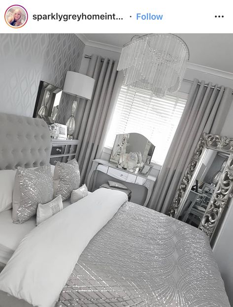 The bedspread is pretty but all that silver is too much in one space Silver Bedroom Decor, Creative Design Furniture, Silver Bedroom, Warm Bedroom, Glam Bedroom, Comfortable Bedroom, Trendy Bedroom, Elegant Bedroom, Bedroom Layouts