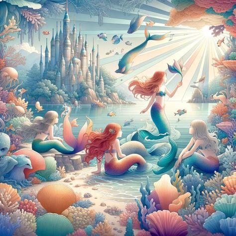 Underwater Kingdom, Children Wall Art, Coral Castle, Flowing Hair, Childrens Wall Art, Wall Art Collection, Underwater World, Child's Room, Art Wall Kids