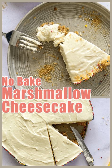 This no bake Marshmallow Cheesecake is creamy and delicious. So easy to make, this recipe would be perfect for Easter but also works for any time of the year! Marshmallow Dessert Recipes, Marshmallow Cheesecake, Marshmallow Sweets, Marshmallow Desserts, Turnover Recipes, Animal Cookie, Banana Cheesecake, Easter Desserts Recipes, Baked Cheesecake Recipe