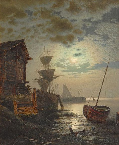 Moon over Bodden near Burg by Louis Douzette (1834 -1924) Louis Douzette, 3d Painting On Canvas, Salt Painting, Oil Painting Lessons, Moonlight Painting, Maritime Art, Beach Canvas Art, Canvas Art Projects, Moonlit Night