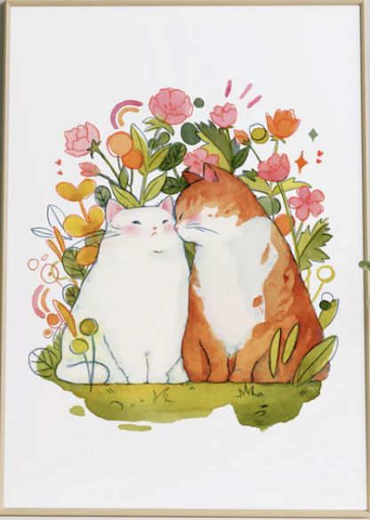 Kiss Print, Cats In Love, Watercolor Cat, Love Kiss, Cats Illustration, Art Inspiration Painting, Cat Drawing, Whimsical Art, 귀여운 동물