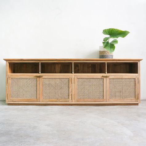 Rattan Tv Console, Wicker Cabinet, Farmhouse Color Palette, Louvre Doors, Rattan Cabinet, Panelled Doors, Kitchen Design Styles, Custom Cast, Elevated Bed