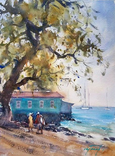 Maui Afternoon (Lahaina), watercolor en plein air by Keiko Tanabe Keiko Tanabe, Scenery Watercolor, Master Watercolor, Lahaina Maui, Watercolor City, Watercolor Landscapes, Water Pictures, Vintage Hawaii, Watercolor Landscape Paintings