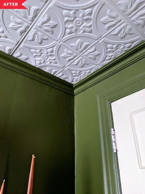 Tin Tile Ceiling, Modern Victorian Design, Ceiling Tiles Bathroom, Modern Victorian Bedroom, Dark Green Bedroom, Plain Bedroom, Tile Ceiling, Tiles Living Room, Faux Tin Ceiling