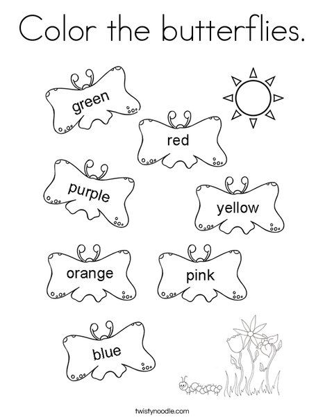 Color the butterflies Coloring Page - Twisty Noodle Butterfly Worksheets Preschool, Words Coloring Pages, Homeschool Preschool Curriculum, Twisty Noodle, Color Words, Toddler Worksheets, Preschool Planning, Kids Worksheets Preschool, Preschool Coloring Pages