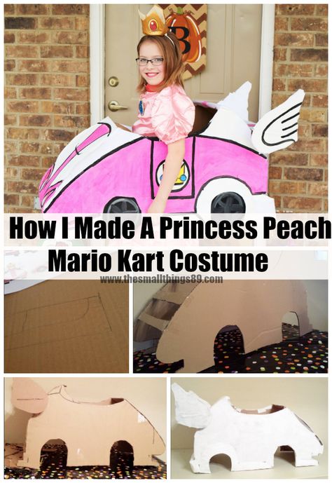 Princess Peach Box Car, How To Make A Mario Kart Car, Mario Kart Parade Float, Mario Kart Cars Diy, Princess Peach Mario Kart Costume, Princess Peach Cardboard Car, Mario Cart Halloween Costume, Diy Mario Kart Car, Mario Cart Halloween Costumes