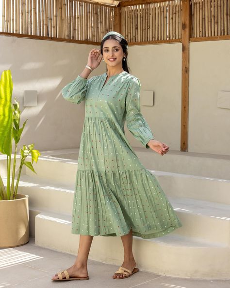 Summer Dresses 2024 - New Arrivals! Summery shades and feminine styles.... The Green Polka Dot Tiered Dress from our Pretty Polkas collection has a flowy, A-line silhouette that falls like a summer dream. Pair it with our ‘Green Dotted Scarf’ for a coordinated, doll-like look. [ Cottons Jaipur, New Arrivals, Cotton, Floral, Summer Dresses, Polkas, Sleeveless, Summer essentials] #cottons #cottonsjaipur #newarrivals #floral #summer #summer2024 #handcraftedkurtas #comfortfits #cottonsuitset ... Floral Summer Dresses, Cotton Dress Pattern, Casual Frocks, Polka Dot Scarf, Beautiful Dress Designs, Green Polka Dot, Dreamy Dress, Fashion Attire, Saree Styles