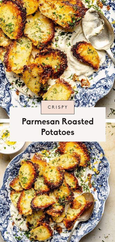 Easy, crispy parmesan roasted potatoes with fresh lemon and herbs. Serve these savory parmesan potatoes with an incredible roasted garlic feta dip alongside your favorite mains and proteins! The perfect side dish for any dinner table. Best Roasted Potatoes Crispy, Garlic Feta Dip, Tahini Sauce Recipe, Parmesan Roasted Potatoes, Pistachio Pesto, Lemon Potatoes, Seasonal Cooking, Parmesan Potatoes, Feta Dip