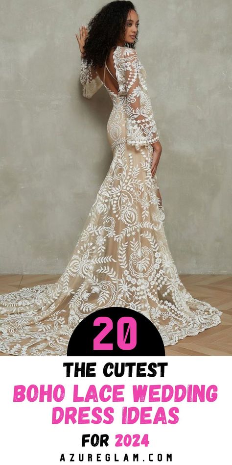 Fall in love with the vintage romance of our collection featuring 20 Boho Lace Wedding Dress Ideas for the Whimsical Bride of 2024. Each gown is crafted with delicate lace, flowing silhouettes, and romantic details that evoke the spirit of bohemian chic. From vintage-inspired sleeves to whimsical accents, our dresses are perfect for the bride who wants to feel like a modern-day goddess on her wedding day. Wedding Dresses Trendy, Whimsical Bride, Boho Lace Dress, Boho Lace Wedding Dress, Unique Boho Wedding Dress, Boho Chic Wedding Dress, Prom Dresses Boho, Bohemian Wedding Dress Lace, Wedding Dress Ideas