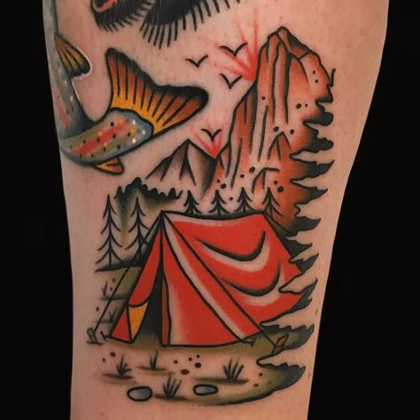 Tattoo by Alex Zampirri Tent Tattoo, Heart And Soul Tattoo, Camping Tattoo, Traditional Tattoo Inspiration, Optical Illusion Tattoo, Western Tattoos, Ghost Tattoo, Traditional Tattoo Sleeve, Forest Tattoos