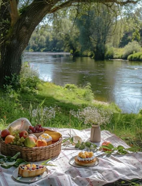 Picnic In Field, Picnic In Forest, Picnic Party Aesthetic, Pond Picnic, Picknick Aesthetic, Picknick Am See, River Picnic, Countryside Picnic, Dreamy Picnic