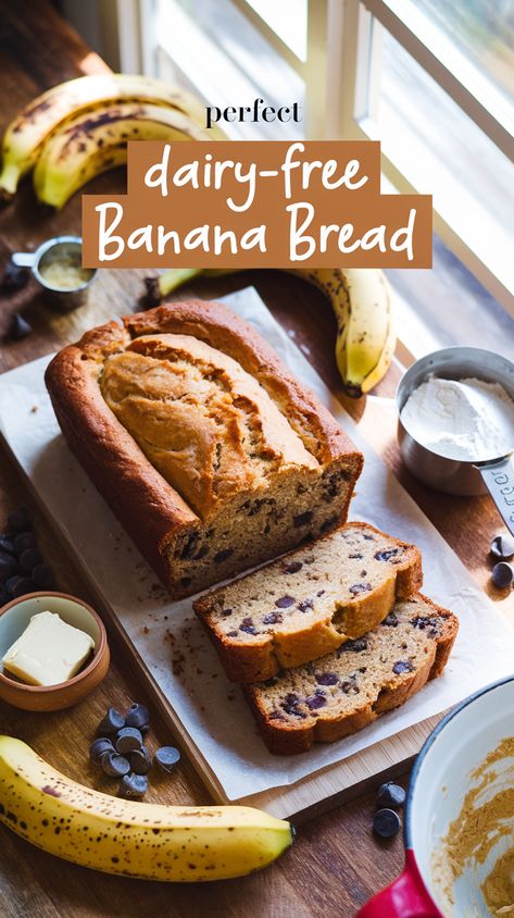 Rustic table setting with partially sliced dairy-free banana bread, ripe bananas, dairy-free butter, flour in measuring cups, and mixing bowl with batter in natural light, "Perfect Dairy-Free Banana Bread" text overlay. Non Dairy Banana Bread, Dairy Free Banana Bread Recipe, No Dairy Banana Bread, Using Ripe Bananas, Peanut Butter Pancake Recipe, Baked Potato Salad Recipe, Dairy Free Banana Bread, Healthy Banana Bread Recipe, Banana Bread Vegan