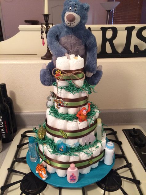 Diy Jungle book Diaper cake for my friends baby shower. Jungle Book Baby Shower Ideas, Jungle Book Nursery Theme, Jungle Themed Baby Shower Gifts, Diaper Cake Safari Theme, Jungle Book Nursery Disney, Palm Tree Diaper Cake Jungle Theme, Jungle Book Party, Book Shower, Jungle Book Disney