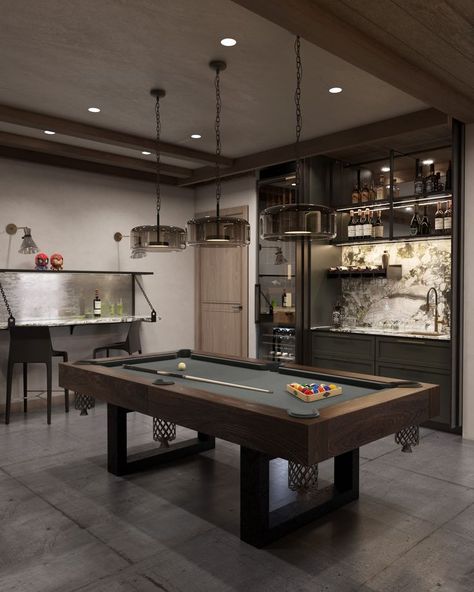 A special place is designated for the billiards room. It's a separate space that can be divided into several zones for different leisure scenarios. The billiards table takes center stage. Bar Rec Room Ideas, Pool Table Room Basement, Pool Table Room With Bar, Luxury Games Room, Pool Table Restoration Diy, Homemade Pool Table, Moody Game Room Ideas, Home Pool Table Room, Upstairs Game Room Ideas