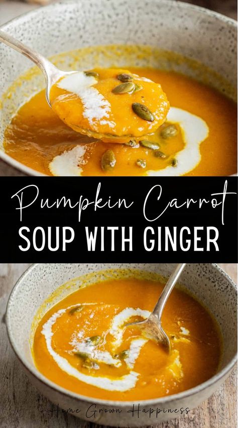 This pumpkin carrot soup recipe is creamy and fragrant. Perfect for enjoying on cold days. This pumpkin carrot soup is super simple but has a lot of flavor. The base is fresh pumpkin and carrots, but fresh ginger is added. Both pumpkin and carrot are versatile and pair well with many different flavors. Puree Soup Recipes, Pumpkin Carrot Soup, Pumpkin And Ginger Soup, Fresh Pumpkin Recipes, Pumpkin Soup Recipe Easy, Carrot Ginger Soup Recipe, Carrot Soup Recipes, Carrot Ginger Soup, Fresh Pumpkin