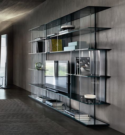 Contemporary Tv Wall Design, Contemporary Tv Wall, Glass Tv Unit, Glass Shelves In Bathroom, Glass Shelves Decor, Glass Shelves Kitchen, Tv Stand Wayfair, Floating Glass Shelves, Expensive Furniture