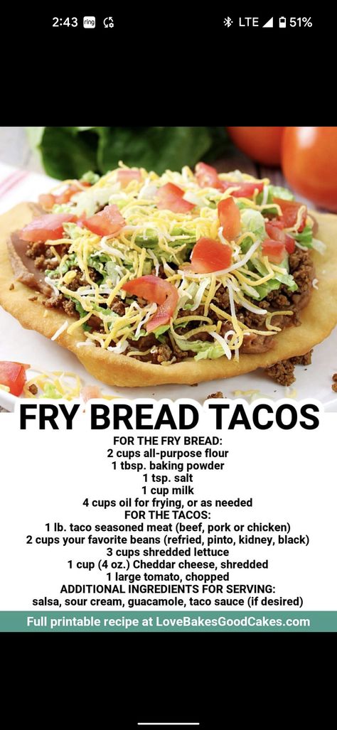 Mashed Potato Gratin, Fry Bread Tacos, Navajo Tacos, Fried Bread Recipe, Taco Bell Recipes, Mexican Food Dishes, Taco Toppings, My Culture, Rustic Recipes