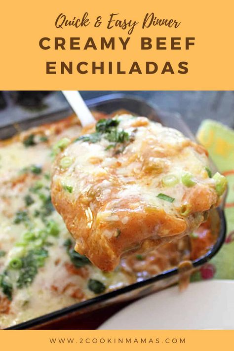 Craving Mexican? These easy Creamy Beef Enchiladas have all your favorite Mexican flavors like green chiles, cilantro, cheese and a yummy seasoned beef filling. Plus it all goes together in 20 minutes! Just bake and serve with your favorite sides. Perfect for Taco Tuesday,  Cinco de Mayo or really any day of the week! Gluten-free options available! #enchiladas #beefenchiladas #groundbeef #easyrecipe #dinner #beefenchiladaswithcorntortillas #cincodemayo #tacotuesday via @2CookinMamas Ground Beef Enchiladas With Cream Cheese, Cream Cheese Enchiladas Beef, Creamy Beef Enchiladas, Creamy Enchilada Casserole, Ground Beef Cream Cheese, Easy Enchilada Casserole, Creamy Enchilada, Cream Cheese Enchiladas, Ground Beef Enchiladas