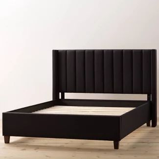 Black Headboard Bedroom, Black Upholstered Bed, Black King Bed, Statement Headboard, Black Bed Frame, Wingback Bed, Black Headboard, Bed Black, Wingback Headboard