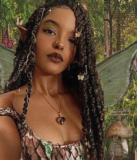 black girl in a fairy cosplay Fairy Costume Hair, Fairy Hair Ideas, Gothic Fairy Aesthetic, Fairycore Edit, Black Fairy Aesthetic, Black Fae Day, Fairy Aesthetic Outfit, Elf Core, Black Fairies