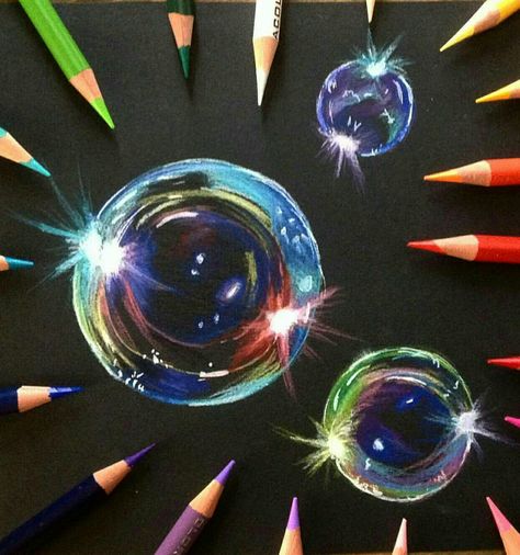 Bubbles in colored pencil Bubble Drawing, Pencil Drawing Tutorials, Bubble Painting, Black Paper Drawing, Bubble Art, Soap Bubbles, Coloured Pencils, Paper Drawing, Color Pencil Art