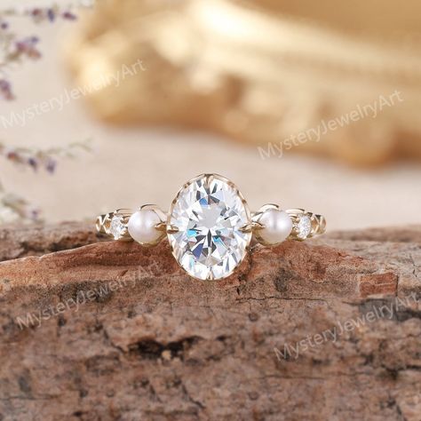 Oval Engagement Ring With Pearls, Pearl And Moissanite Engagement Ring, Diamond With Pearl Engagement Ring, Oval And Pearl Engagement Ring, Diamond Engagement Ring With Pearls, Oval Diamond And Pearl Engagement Ring, Pearl Accent Engagement Ring, Engagement Rings Pearls, Diamond And Pearl Ring Engagement