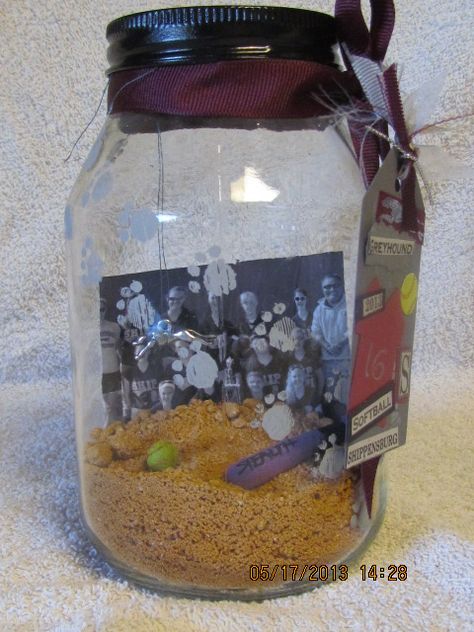 Softball Dirt In A Jar, Softball Memorial Ideas, Softball Birthday Parties, Softball Picture, Senior Table, Softball Birthday, Softball Team Gifts, Softball Party, Senior Softball